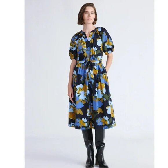 Free Assembly Blue Floral Belted Cotton Midi V-Neck Puff Sleeves Dress Various - Picture 2 of 6
